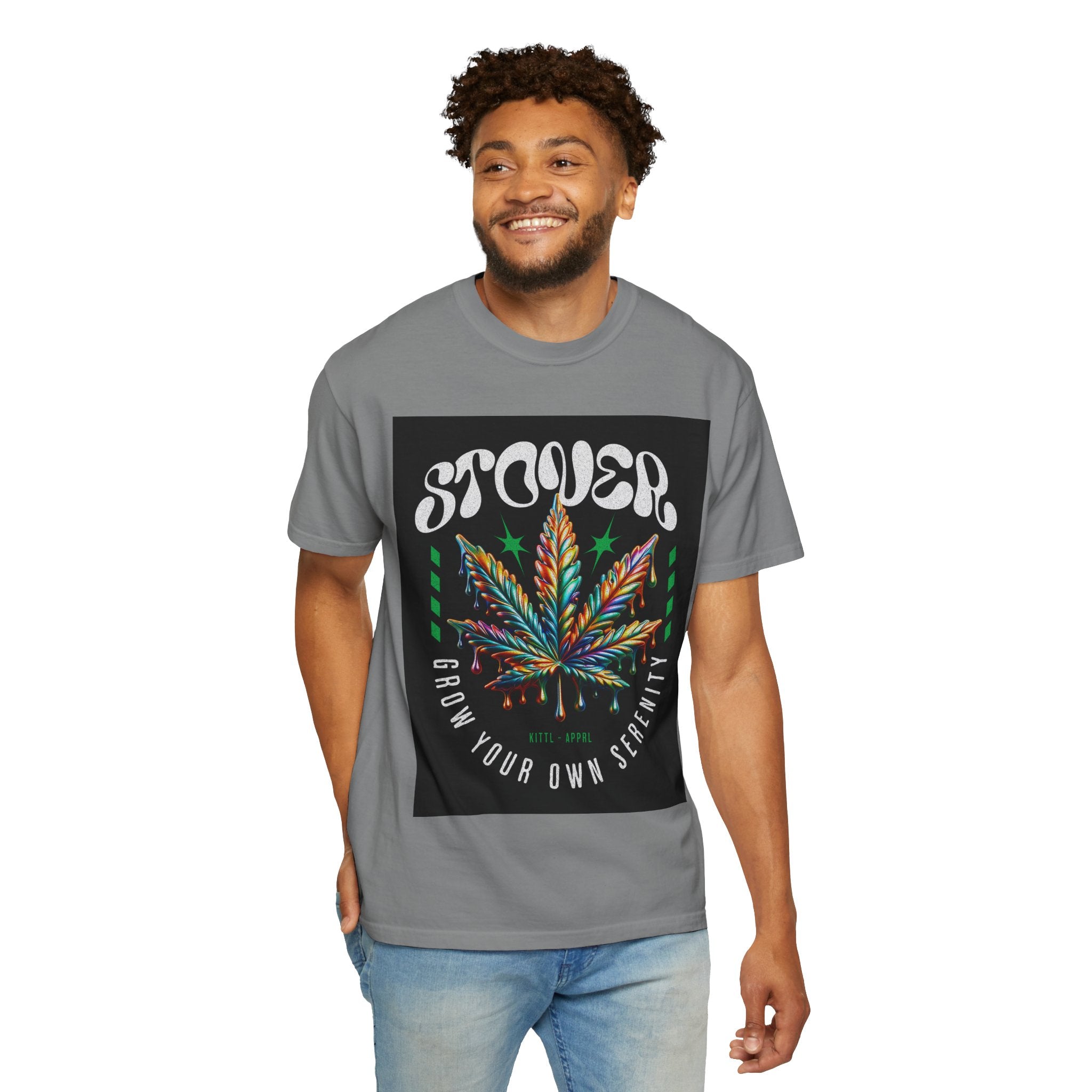 T-Shirt — Stover "Grow Your Own Serenity" Colorful Cannabis Leaf Graphic