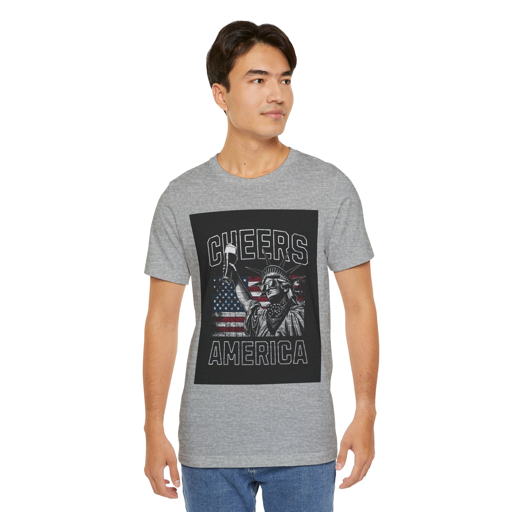 Cheers America T-Shirt — Statue of Liberty Holding Beer & Flag Patriotic Tee