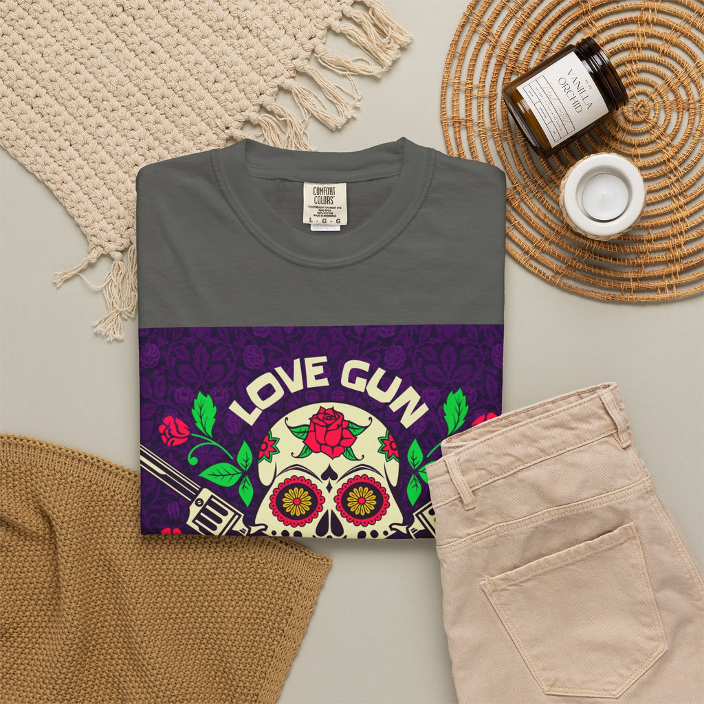 Love Gun Skull T‑Shirt — Day of the Dead Floral Graphic Tee