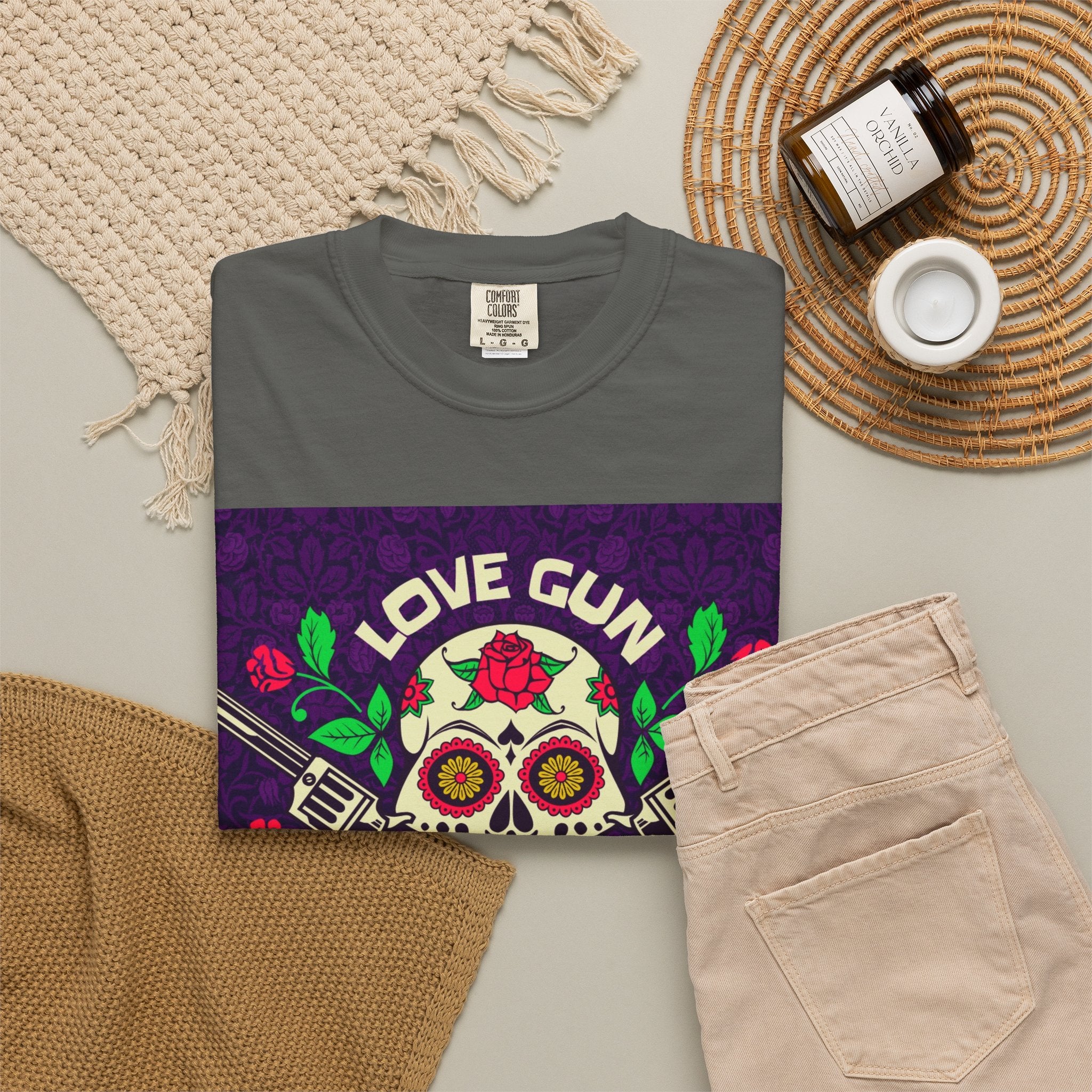 Love Gun Skull T‑Shirt — Day of the Dead Floral Graphic Tee