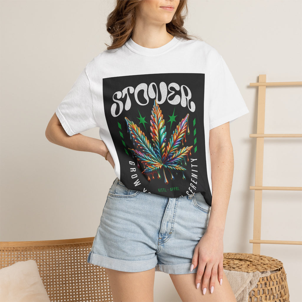 T-Shirt — Stover "Grow Your Own Serenity" Colorful Cannabis Leaf Graphic