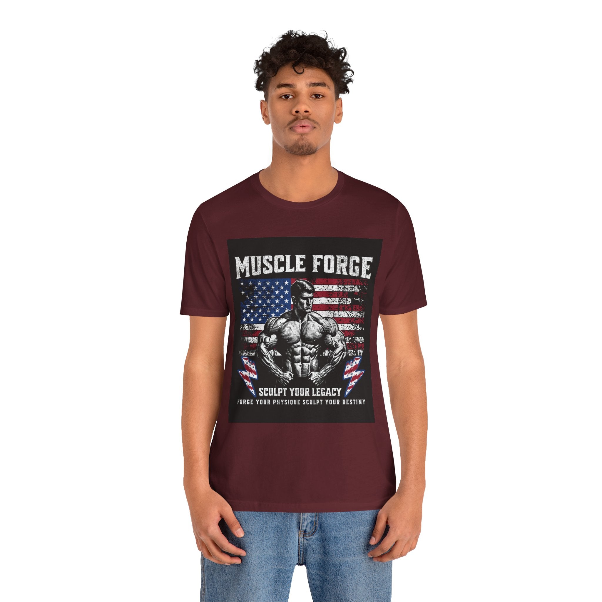 Muscle Forge American Flag Gym Tee — "Sculpt Your Legacy" Fitness T-Shirt