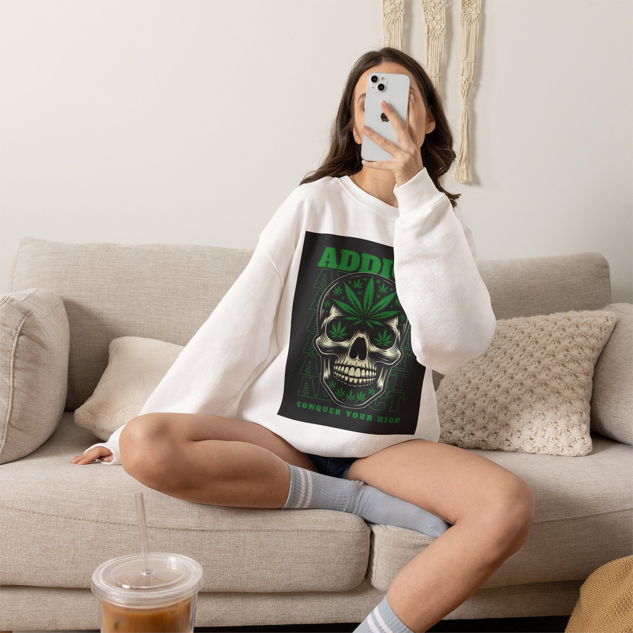 Skull & Cannabis 'Addict' Crewneck Sweatshirt — Conquer Your High Graphic Sweatshirt