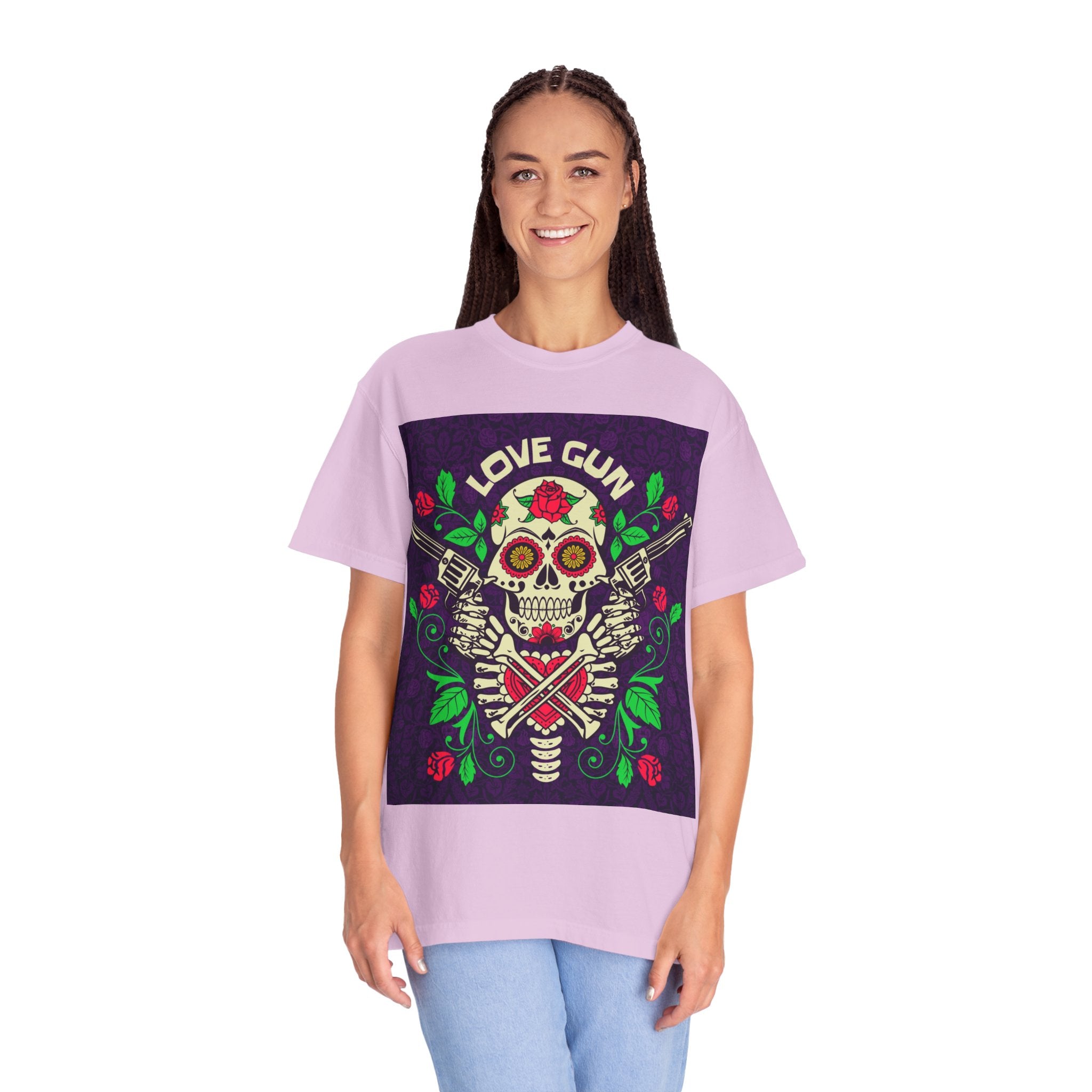 Love Gun Skull T‑Shirt — Day of the Dead Floral Graphic Tee