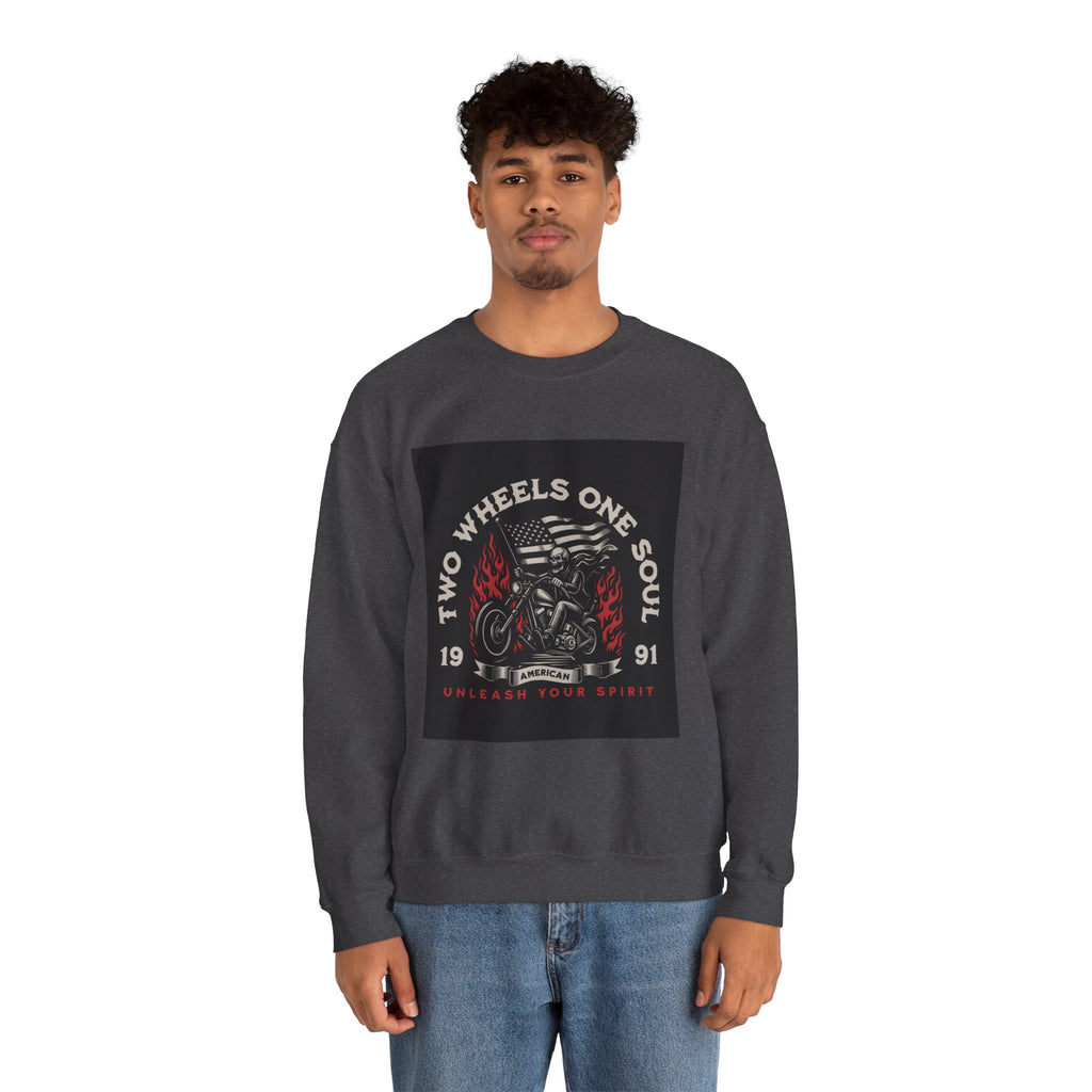 Motorcycle Crewneck Sweatshirt - "Two Wheels One Soul" Vintage Bike Graphic