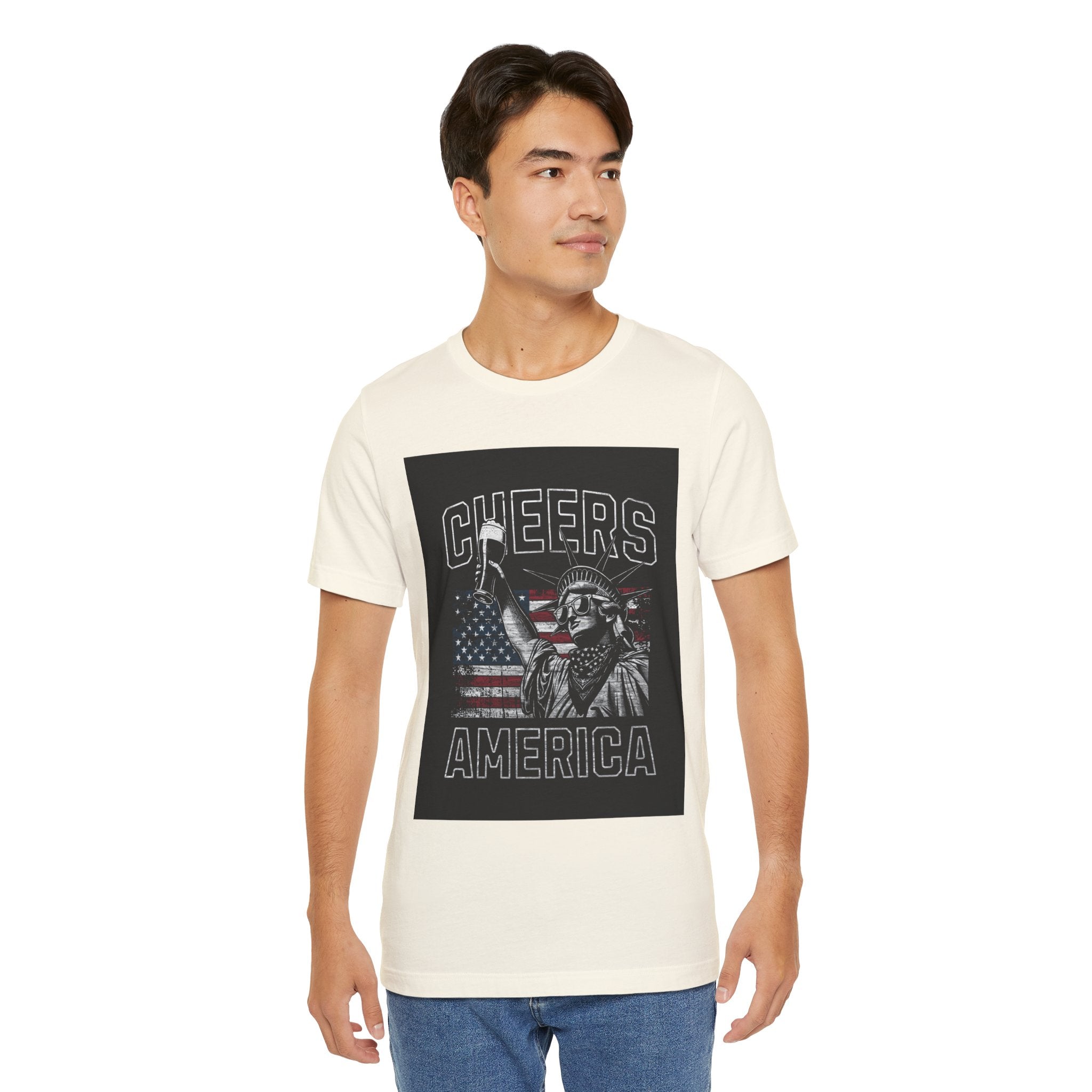Cheers America T-Shirt — Statue of Liberty Holding Beer & Flag Patriotic Tee