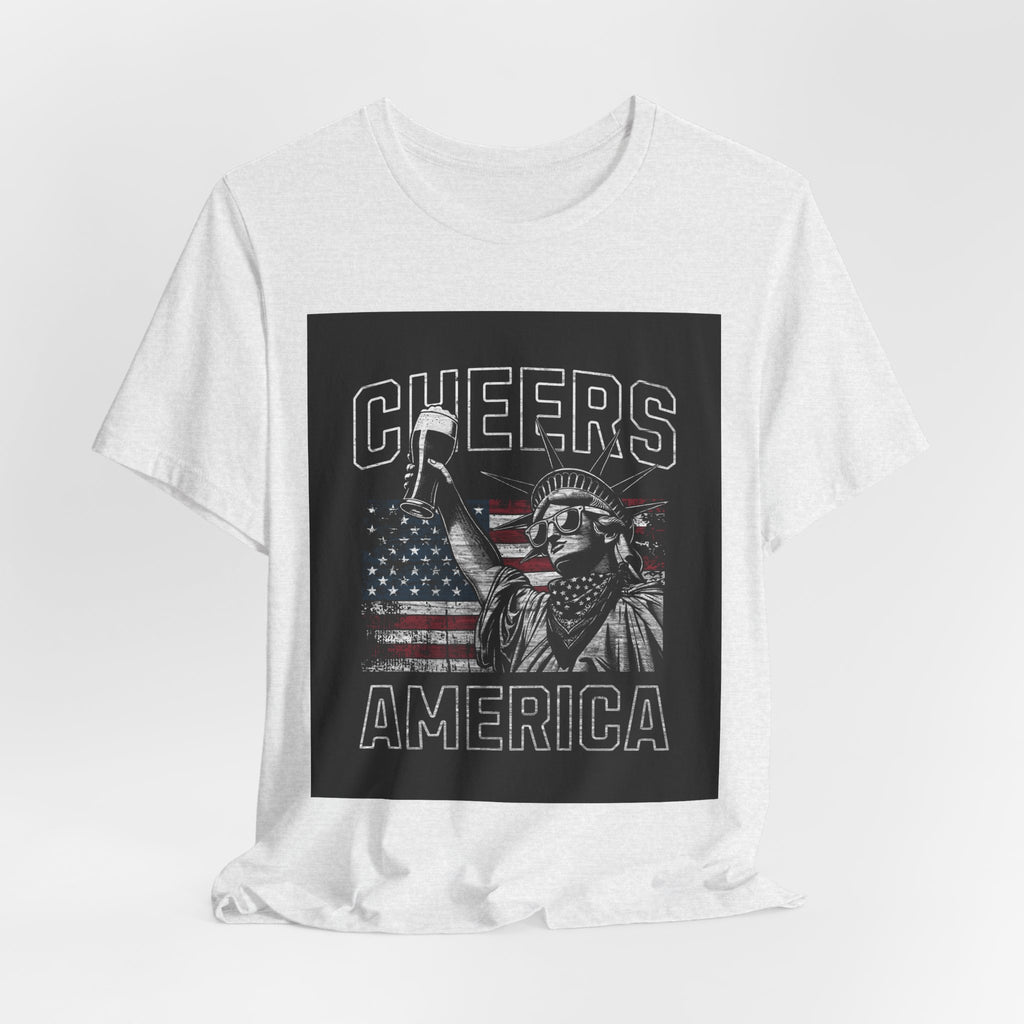 Cheers America T-Shirt — Statue of Liberty Holding Beer & Flag Patriotic Tee