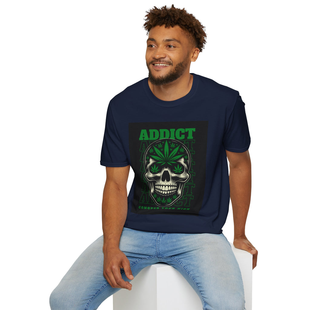 T‑Shirt — "Addict" Skull with Cannabis Leaf Graphic