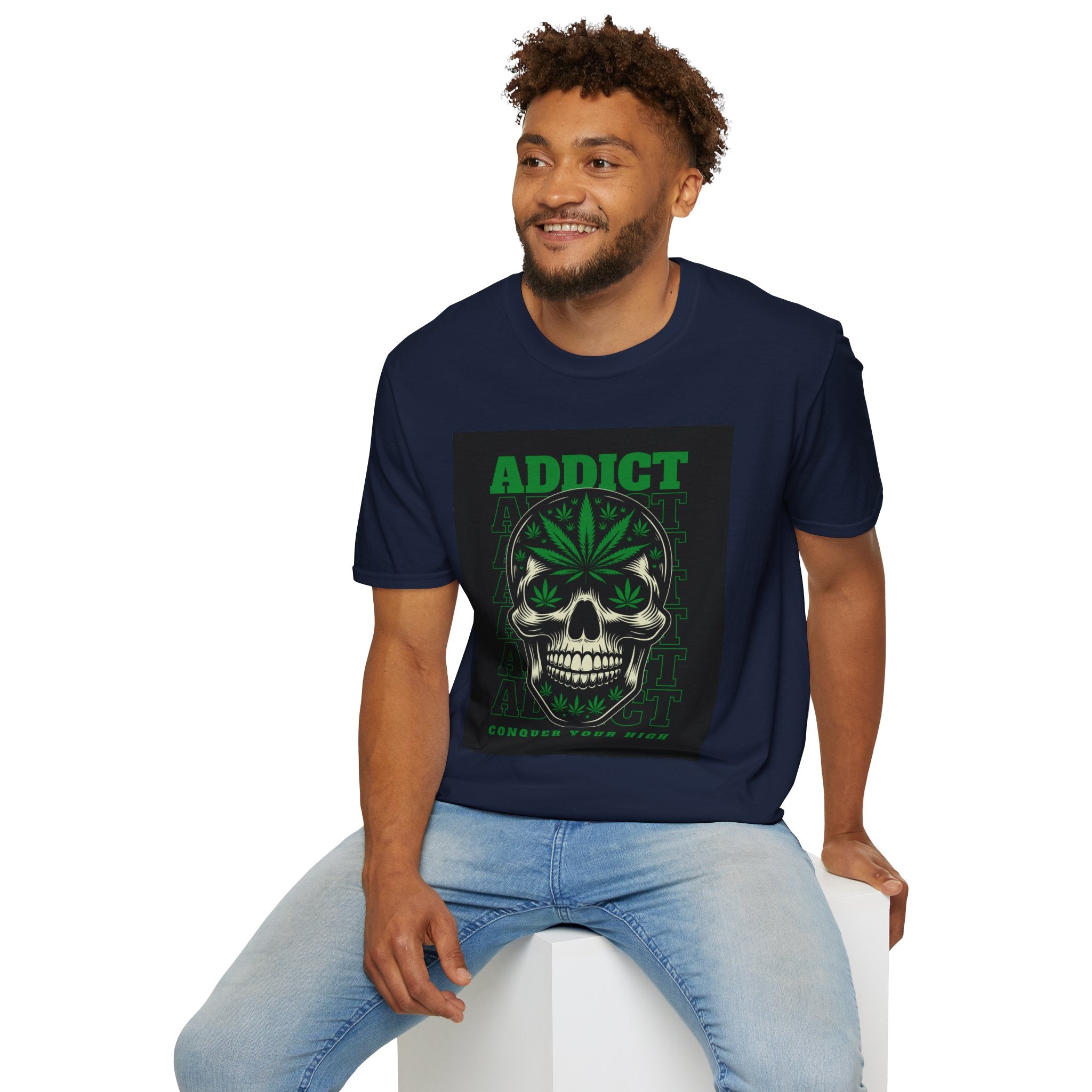 T‑Shirt — "Addict" Skull with Cannabis Leaf Graphic