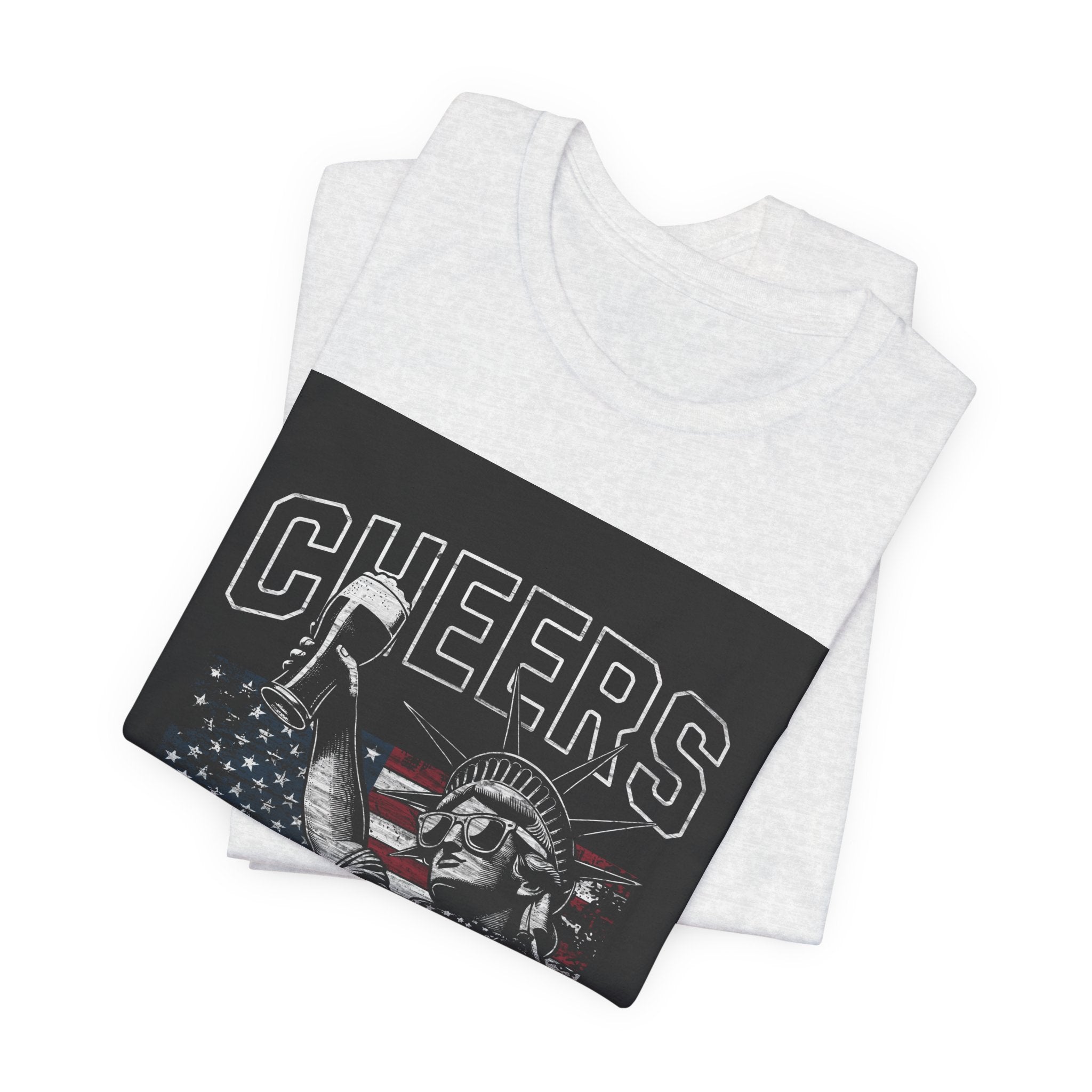 Cheers America T-Shirt — Statue of Liberty Holding Beer & Flag Patriotic Tee