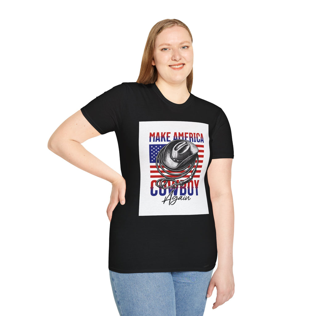 Make America Cowboy Again T-Shirt — Patriotic Western Flag Tee