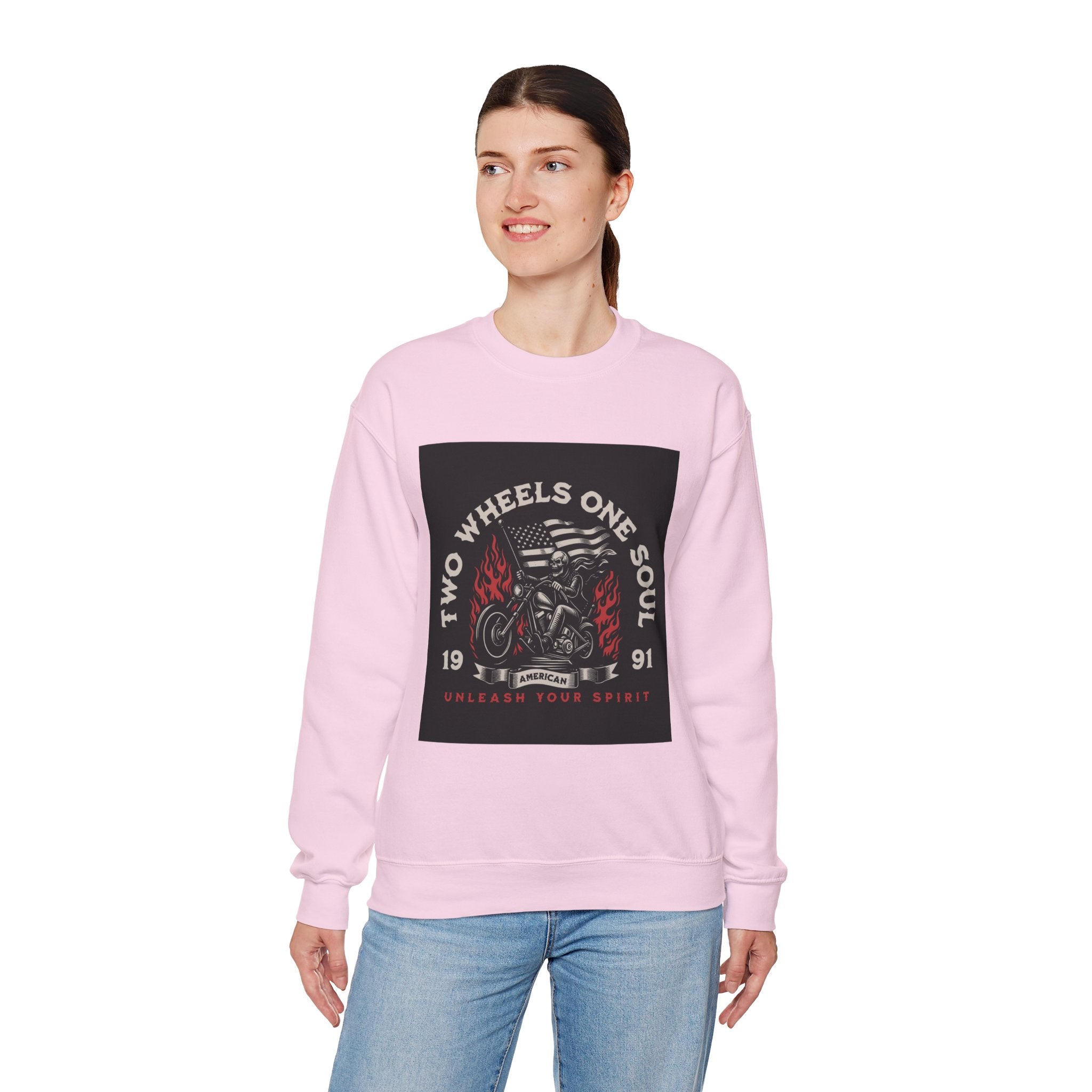 Motorcycle Crewneck Sweatshirt - "Two Wheels One Soul" Vintage Bike Graphic