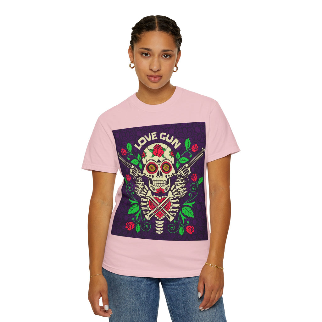 Love Gun Skull T‑Shirt — Day of the Dead Floral Graphic Tee