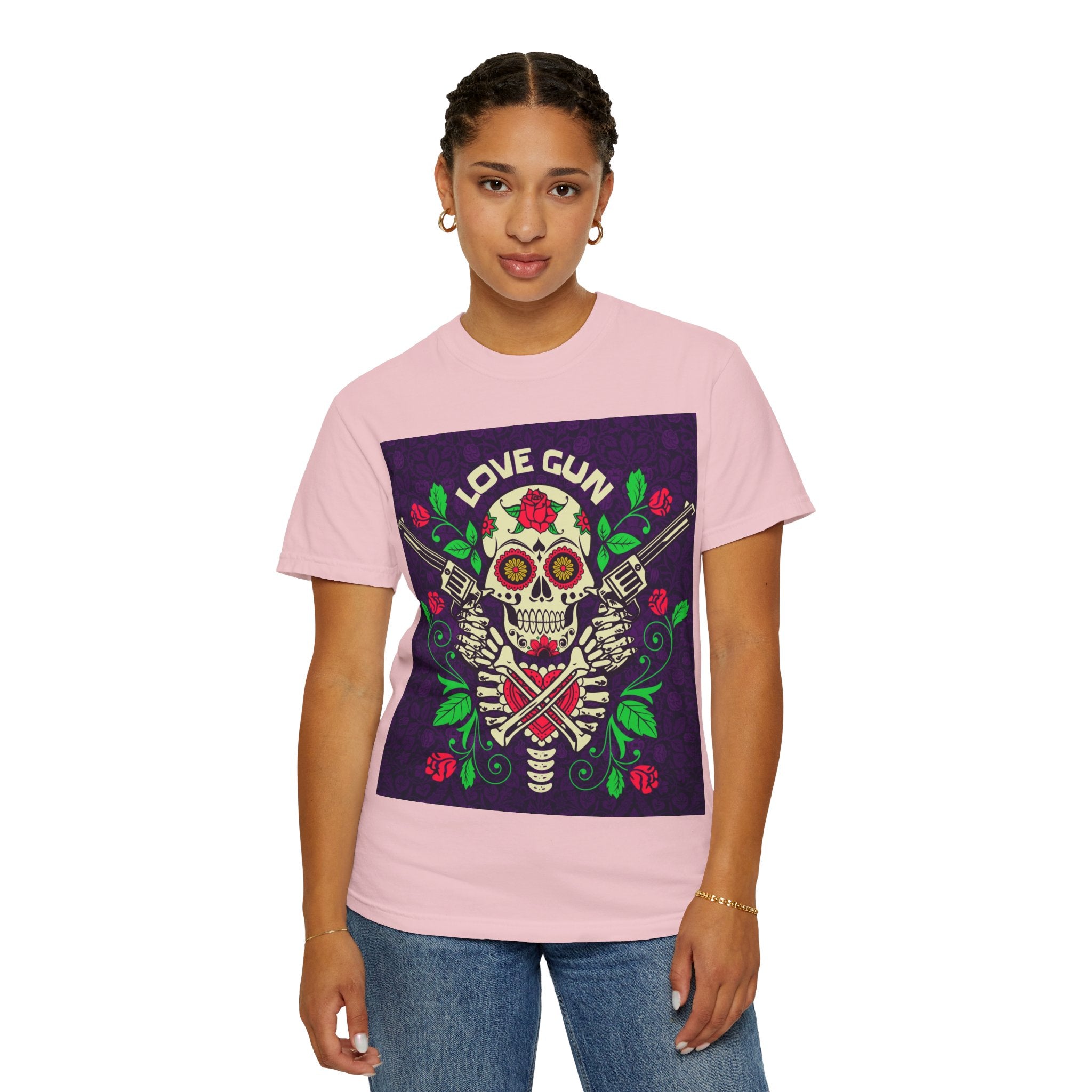 Love Gun Skull T‑Shirt — Day of the Dead Floral Graphic Tee