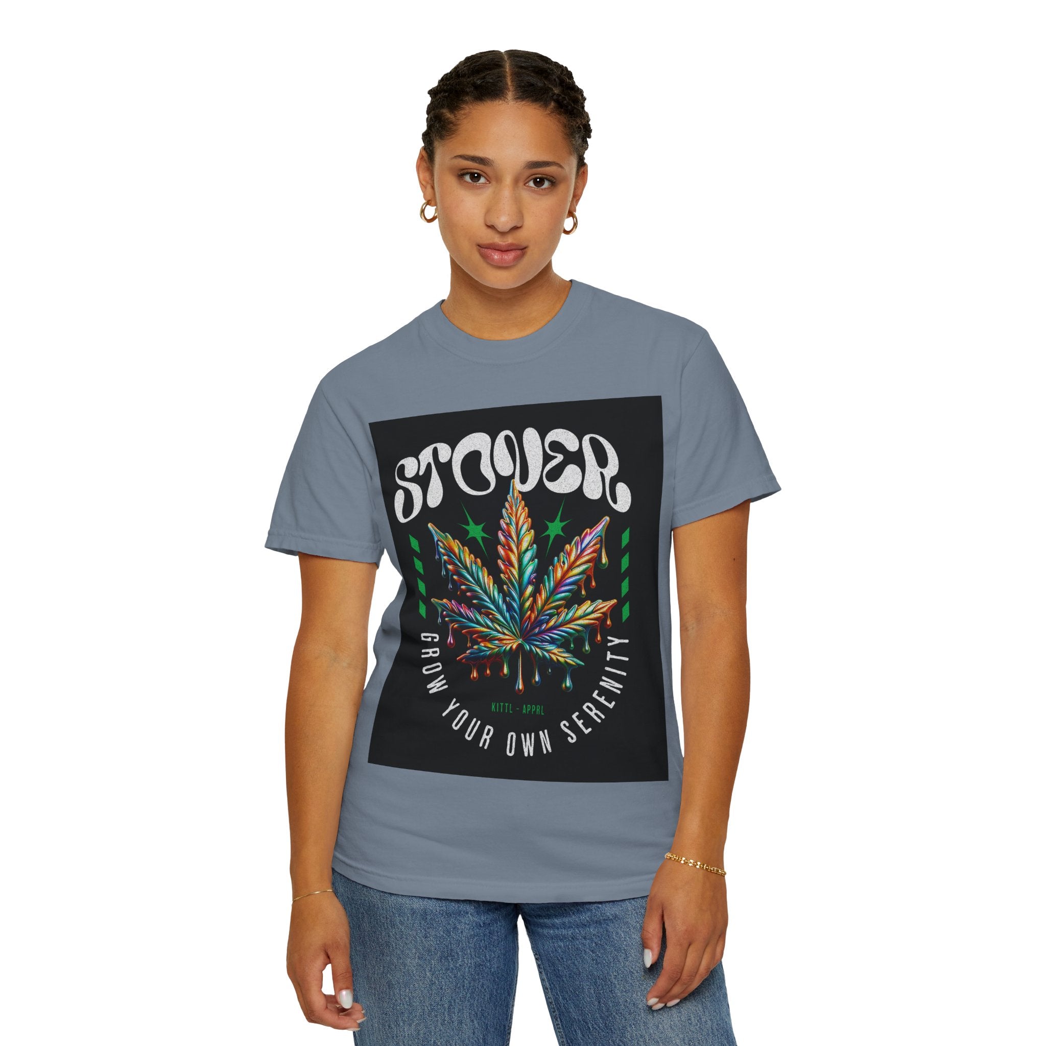T-Shirt — Stover "Grow Your Own Serenity" Colorful Cannabis Leaf Graphic