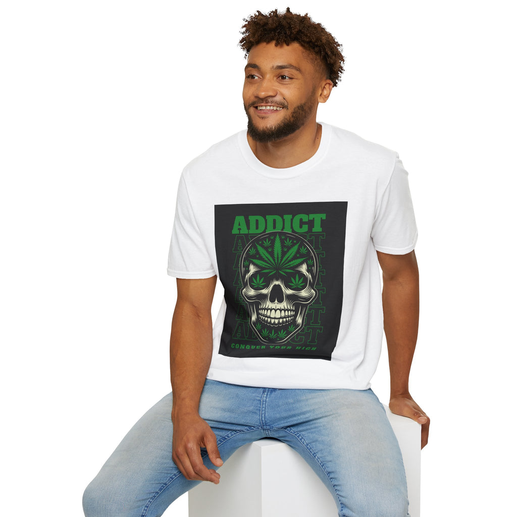 T‑Shirt — "Addict" Skull with Cannabis Leaf Graphic