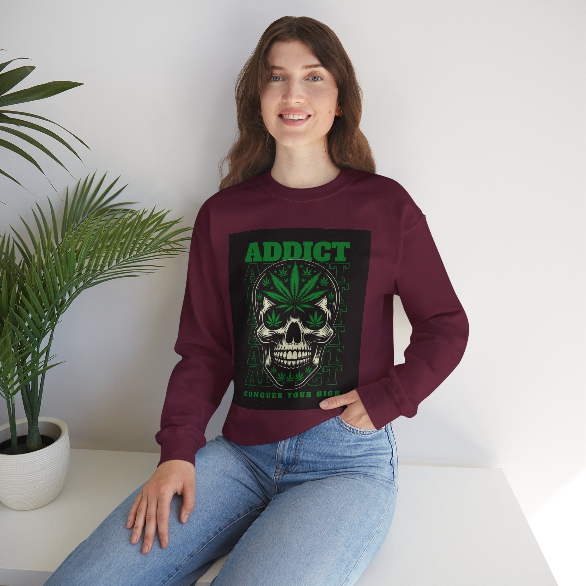 Skull & Cannabis 'Addict' Crewneck Sweatshirt — Conquer Your High Graphic Sweatshirt