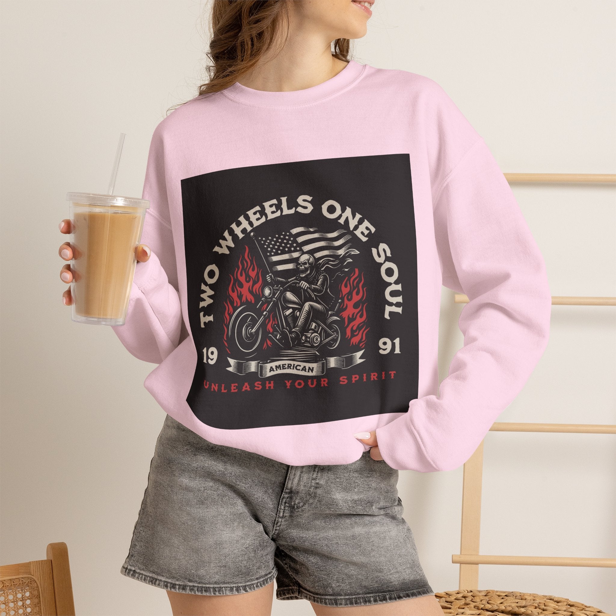 Motorcycle Crewneck Sweatshirt - "Two Wheels One Soul" Vintage Bike Graphic
