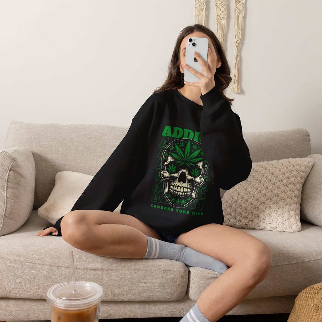 Skull & Cannabis 'Addict' Crewneck Sweatshirt — Conquer Your High Graphic Sweatshirt