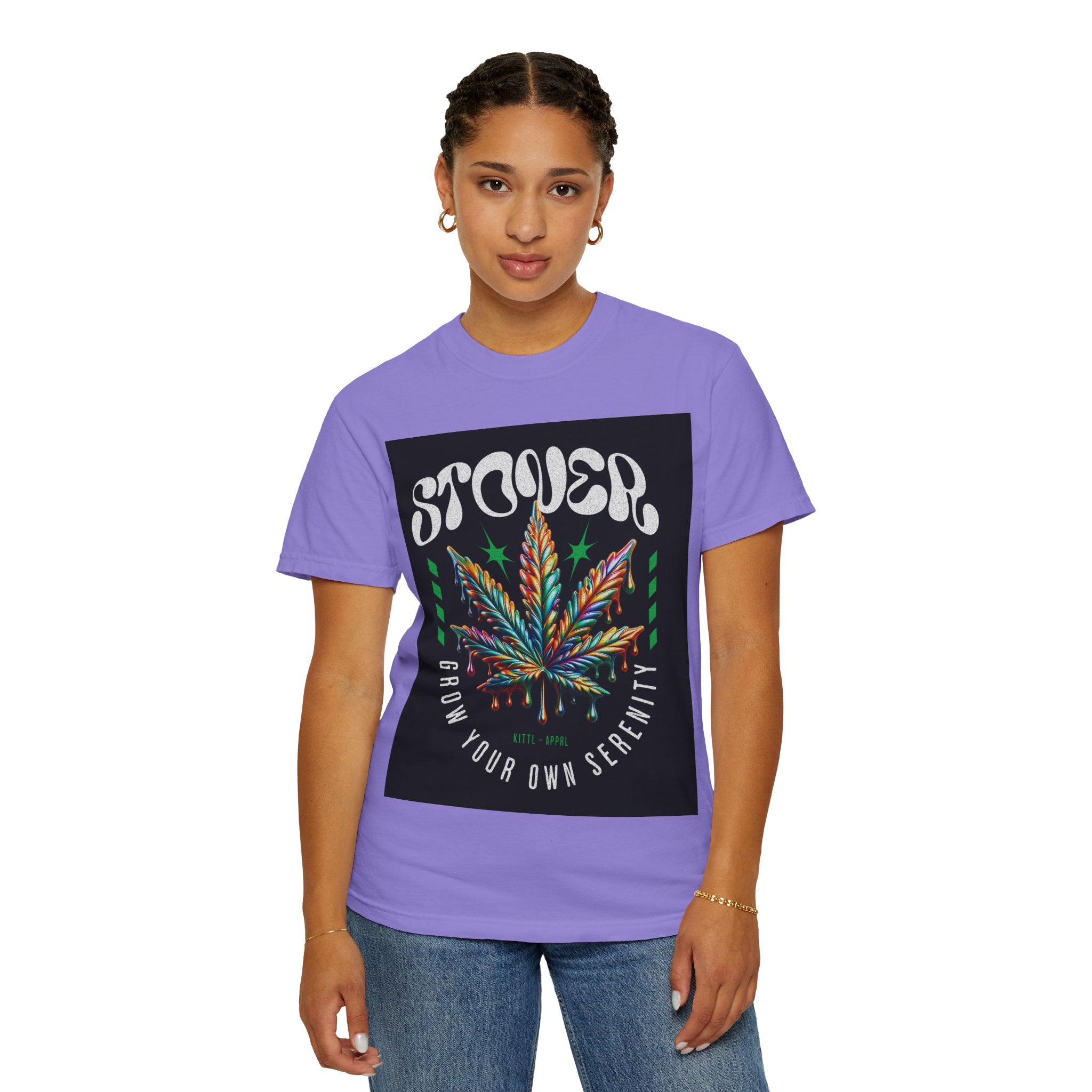 T-Shirt — Stover "Grow Your Own Serenity" Colorful Cannabis Leaf Graphic