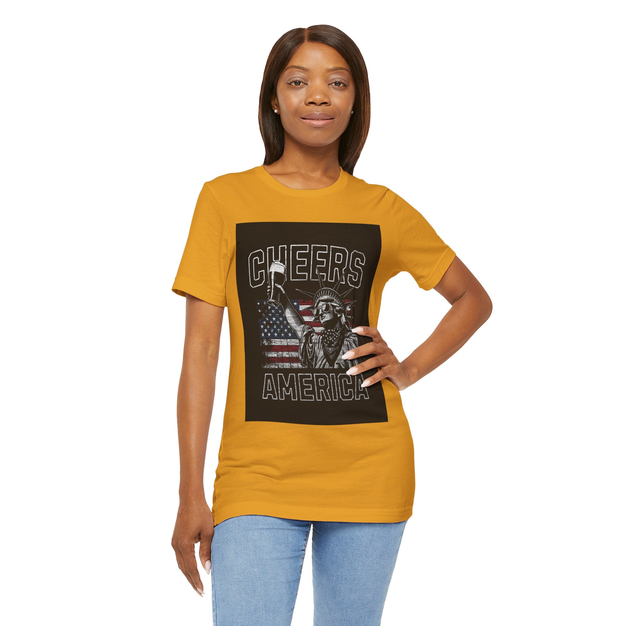 Cheers America T-Shirt — Statue of Liberty Holding Beer & Flag Patriotic Tee