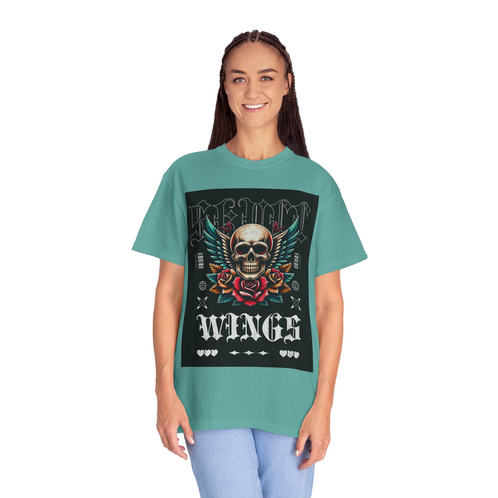 Skull Wings Graphic T-Shirt — Vintage Rock Tattoo Style with Roses