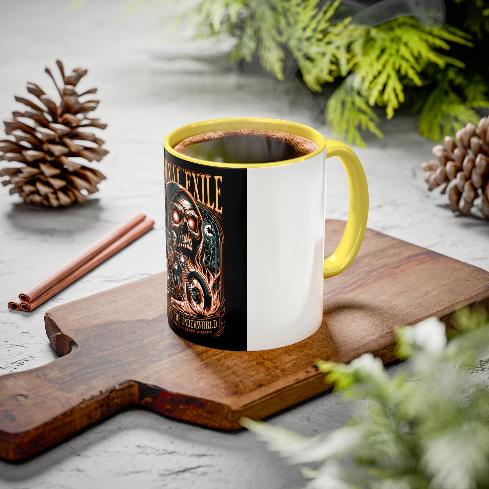 Eternal Exile Skull Biker Mug — Gothic Motorcycle Coffee Cup (11oz/15oz)