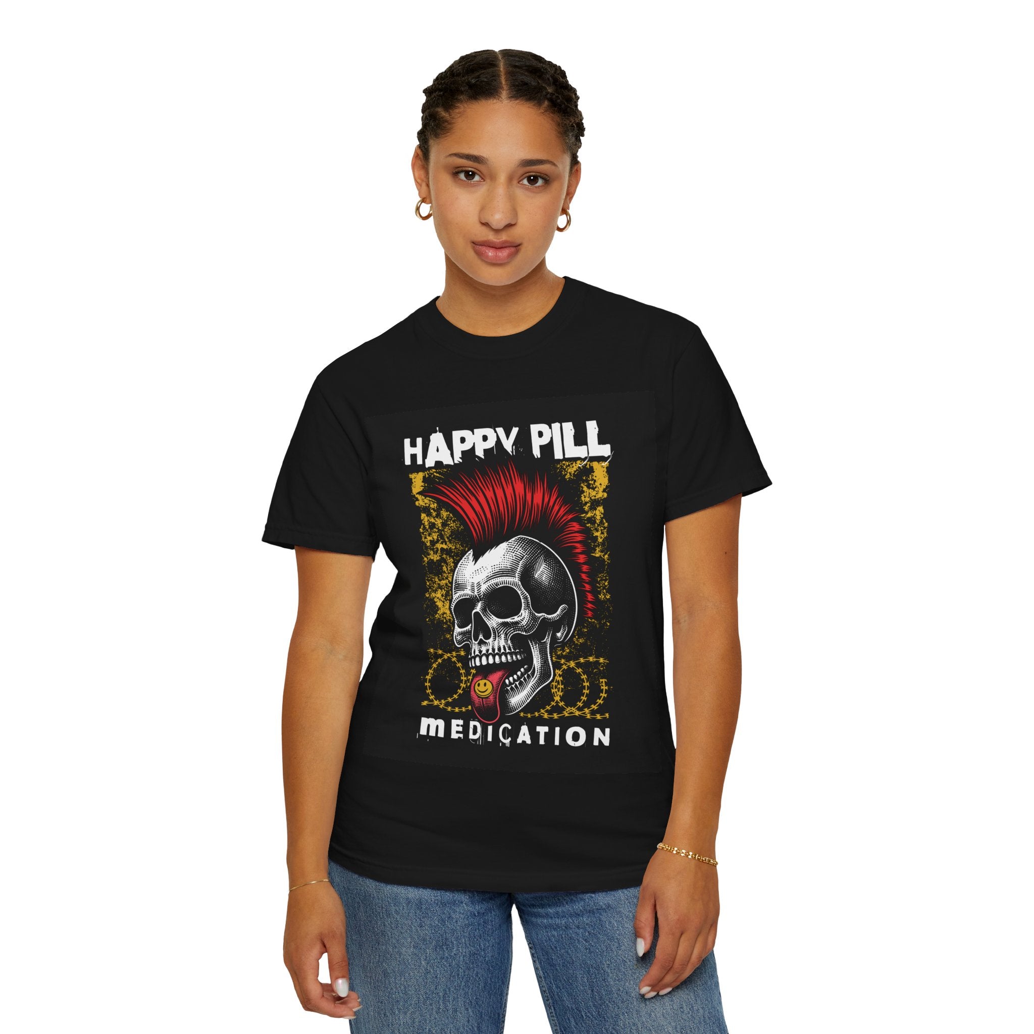 Happy Pill Punk Skull T-Shirt — 'Happy Pill Medication' Graphic Tee