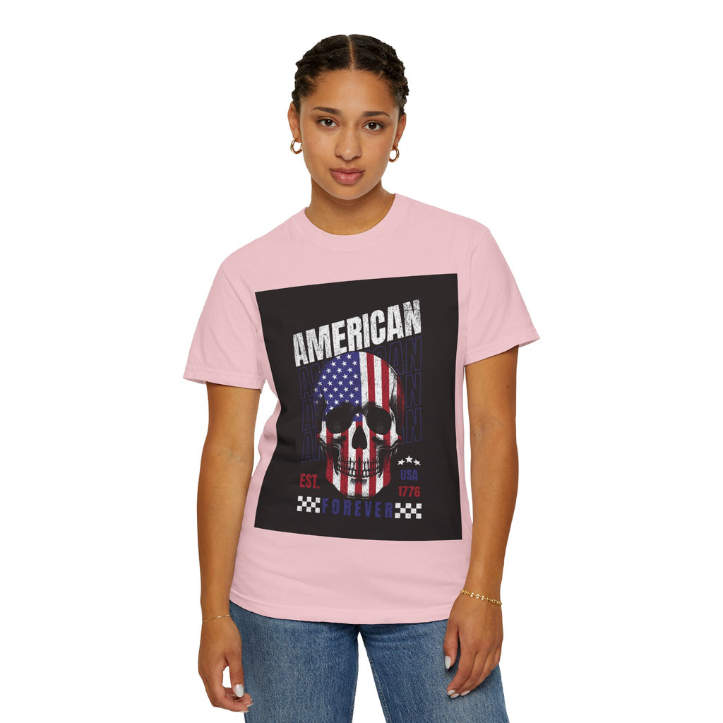 American Skull Flag T-Shirt — "American Forever" Patriotic Graphic Tee