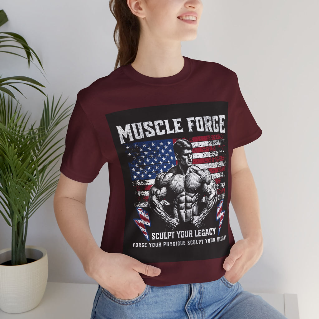Muscle Forge American Flag Gym Tee — "Sculpt Your Legacy" Fitness T-Shirt