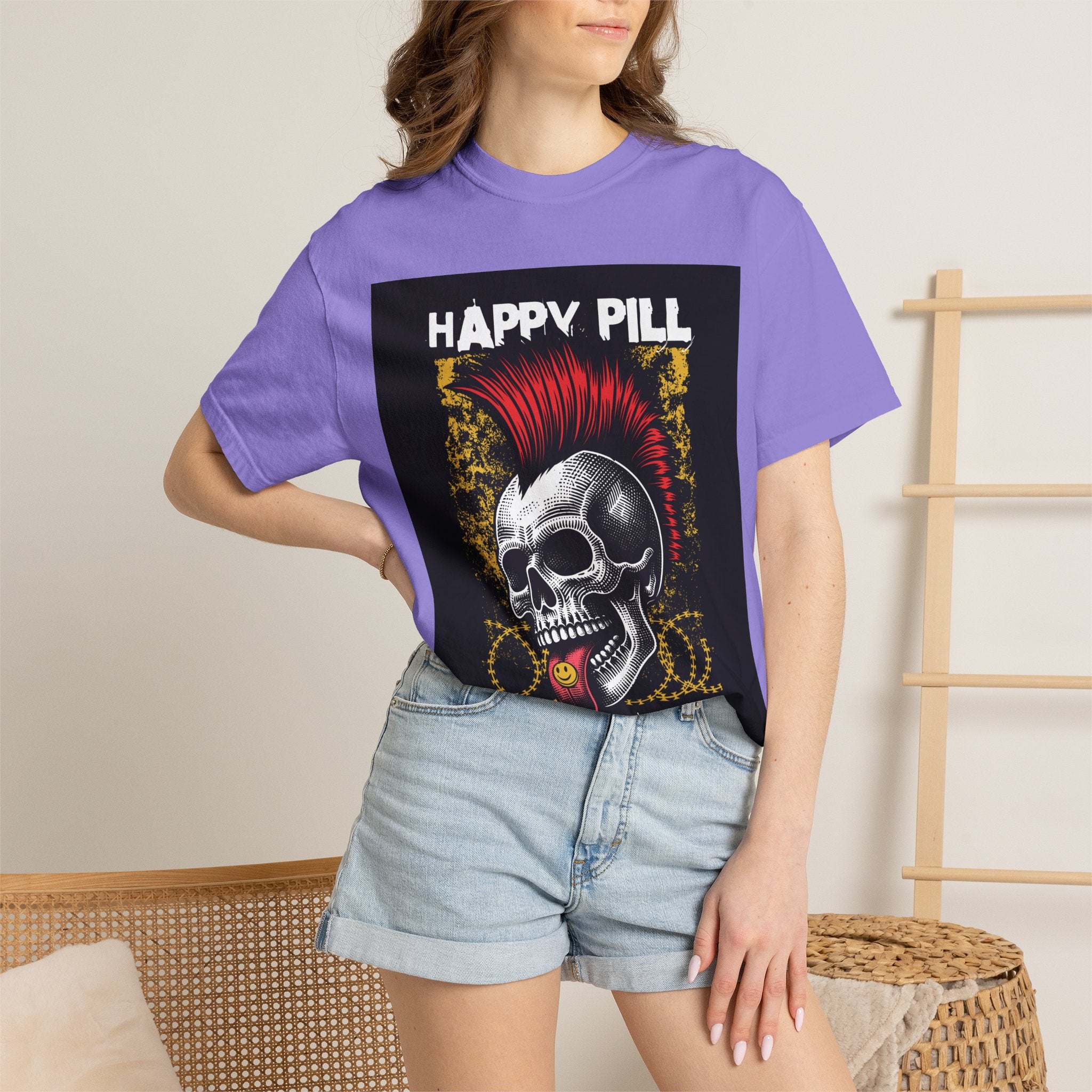 Happy Pill Punk Skull T-Shirt — 'Happy Pill Medication' Graphic Tee