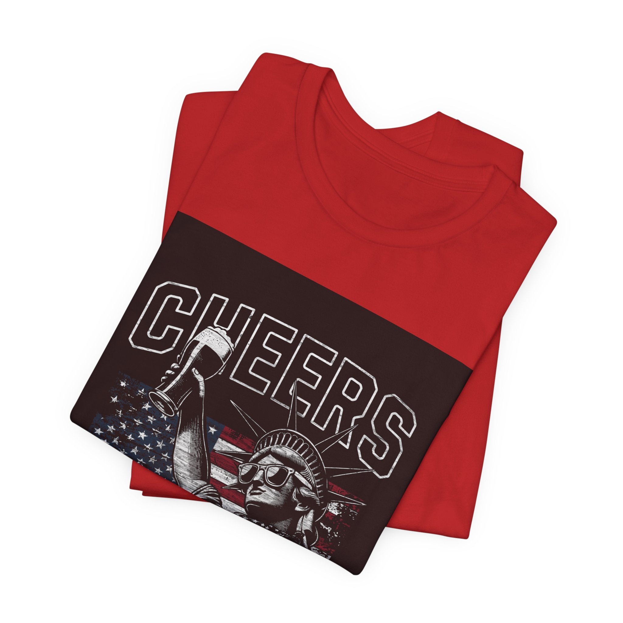 Cheers America T-Shirt — Statue of Liberty Holding Beer & Flag Patriotic Tee
