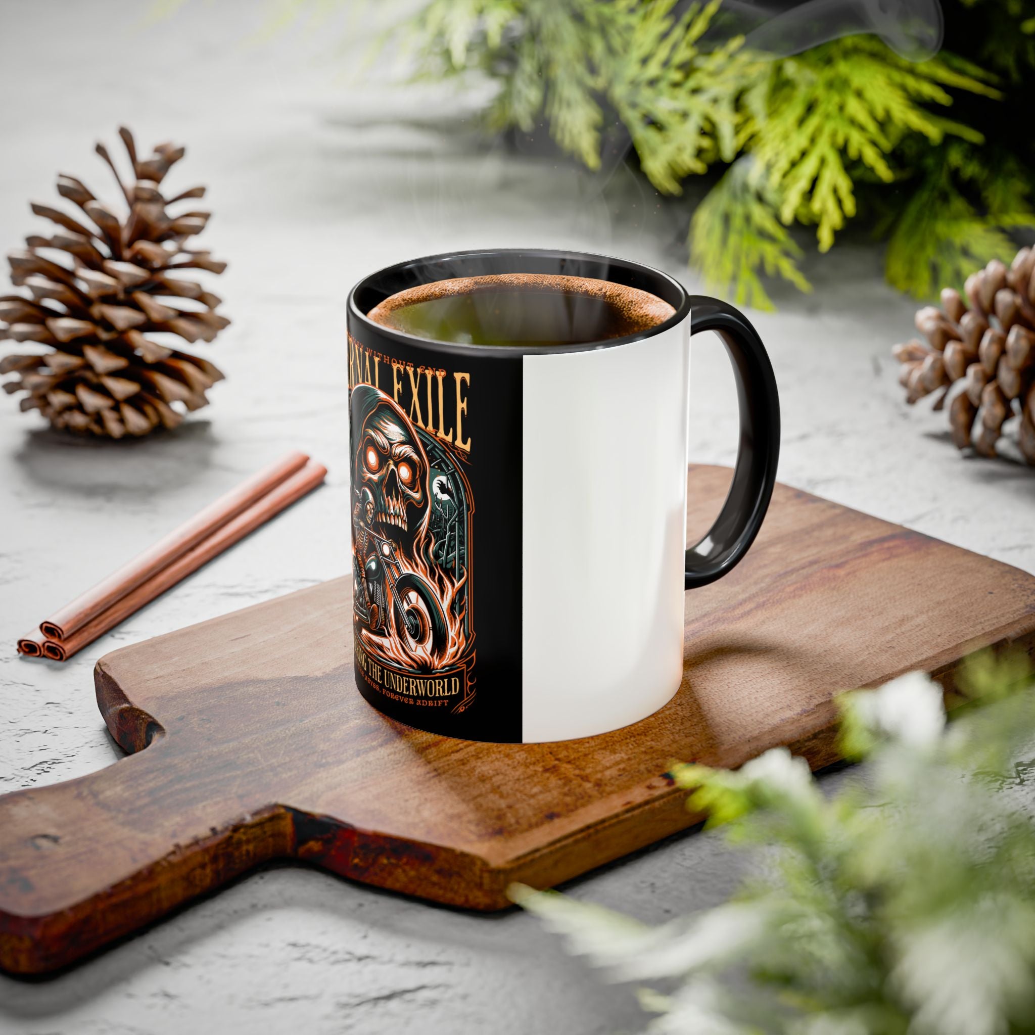 Eternal Exile Skull Biker Mug — Gothic Motorcycle Coffee Cup (11oz/15oz)