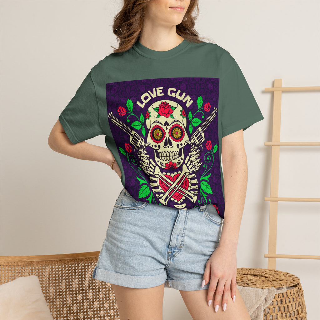 Love Gun Skull T‑Shirt — Day of the Dead Floral Graphic Tee