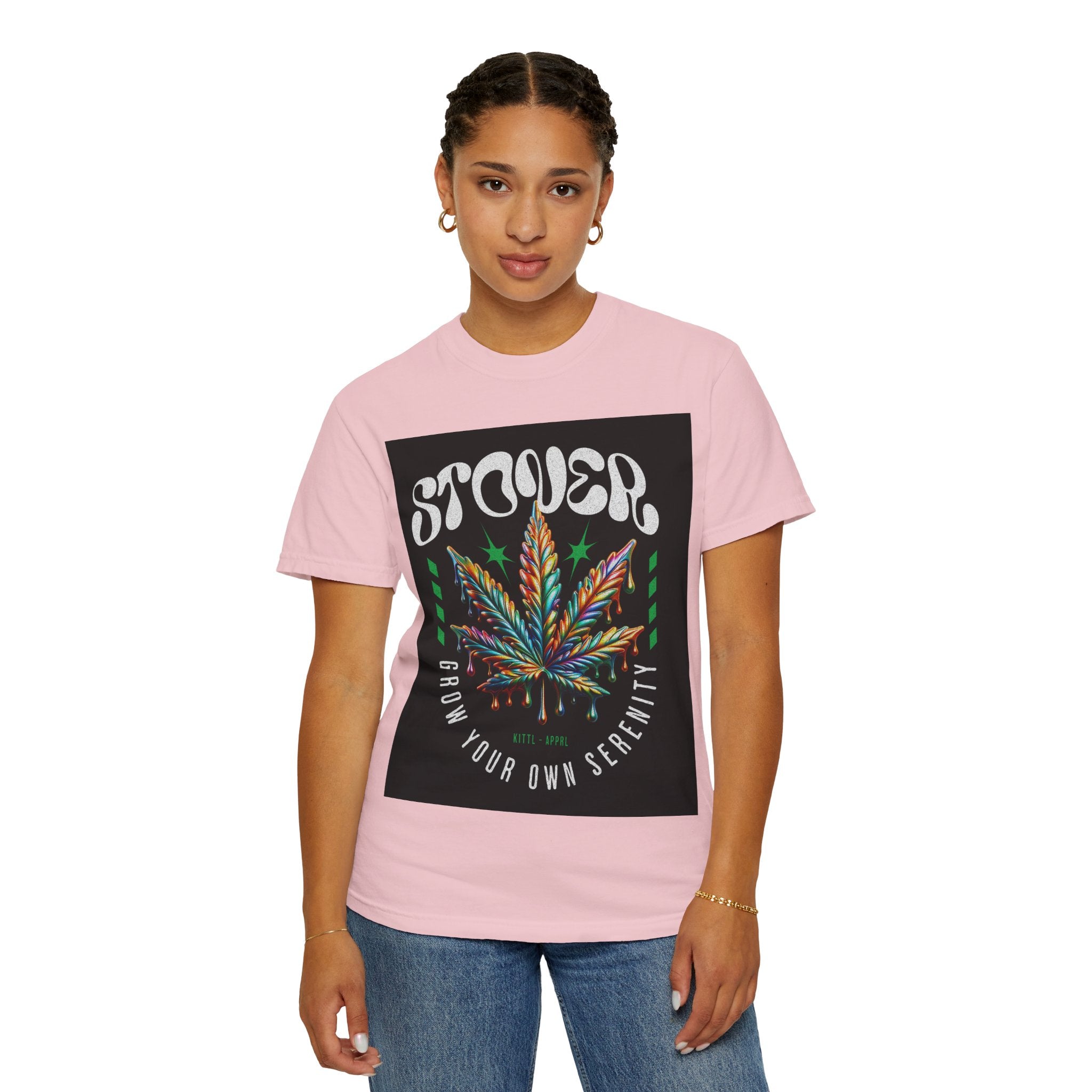 T-Shirt — Stover "Grow Your Own Serenity" Colorful Cannabis Leaf Graphic