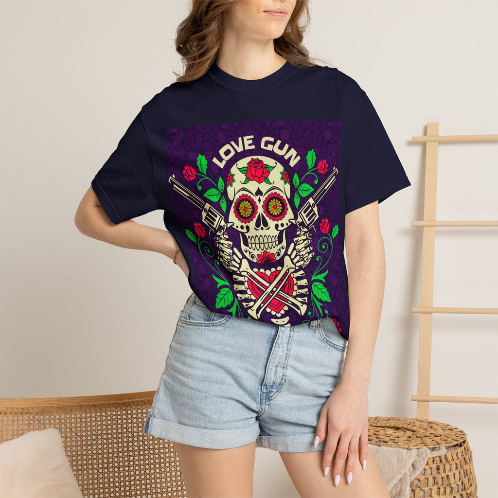 Love Gun Skull T‑Shirt — Day of the Dead Floral Graphic Tee