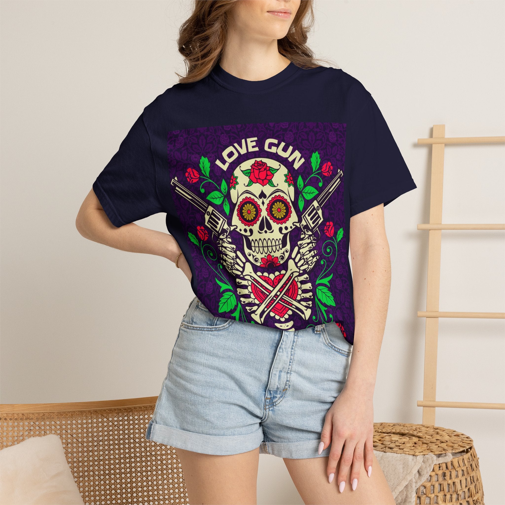 Love Gun Skull T‑Shirt — Day of the Dead Floral Graphic Tee