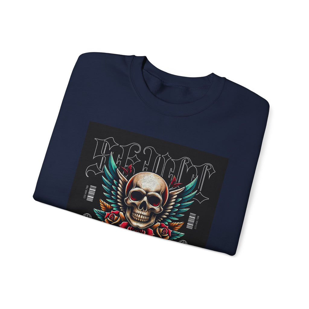 Skull Wings Crewneck Sweatshirt — Vintage Tattoo Skull with Rose Graphic