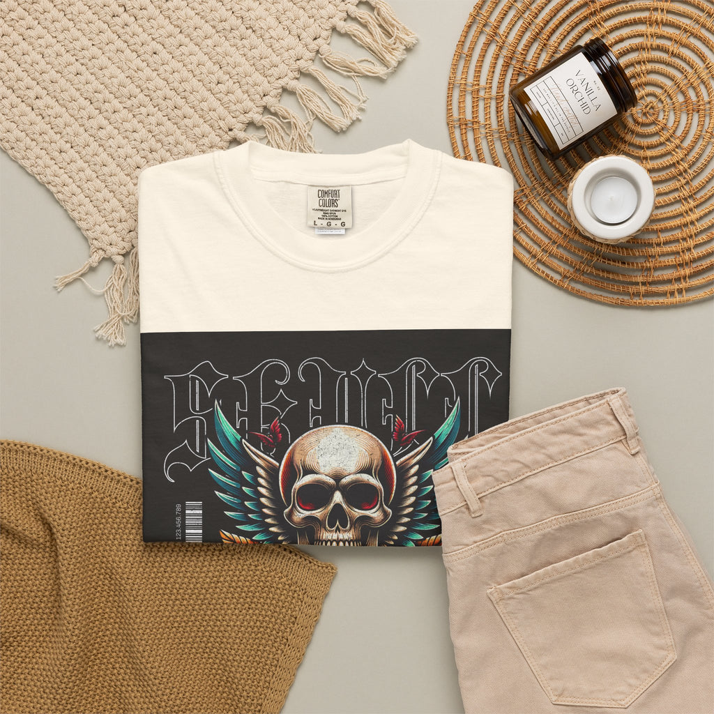 Skull Wings Graphic T-Shirt — Vintage Rock Tattoo Style with Roses