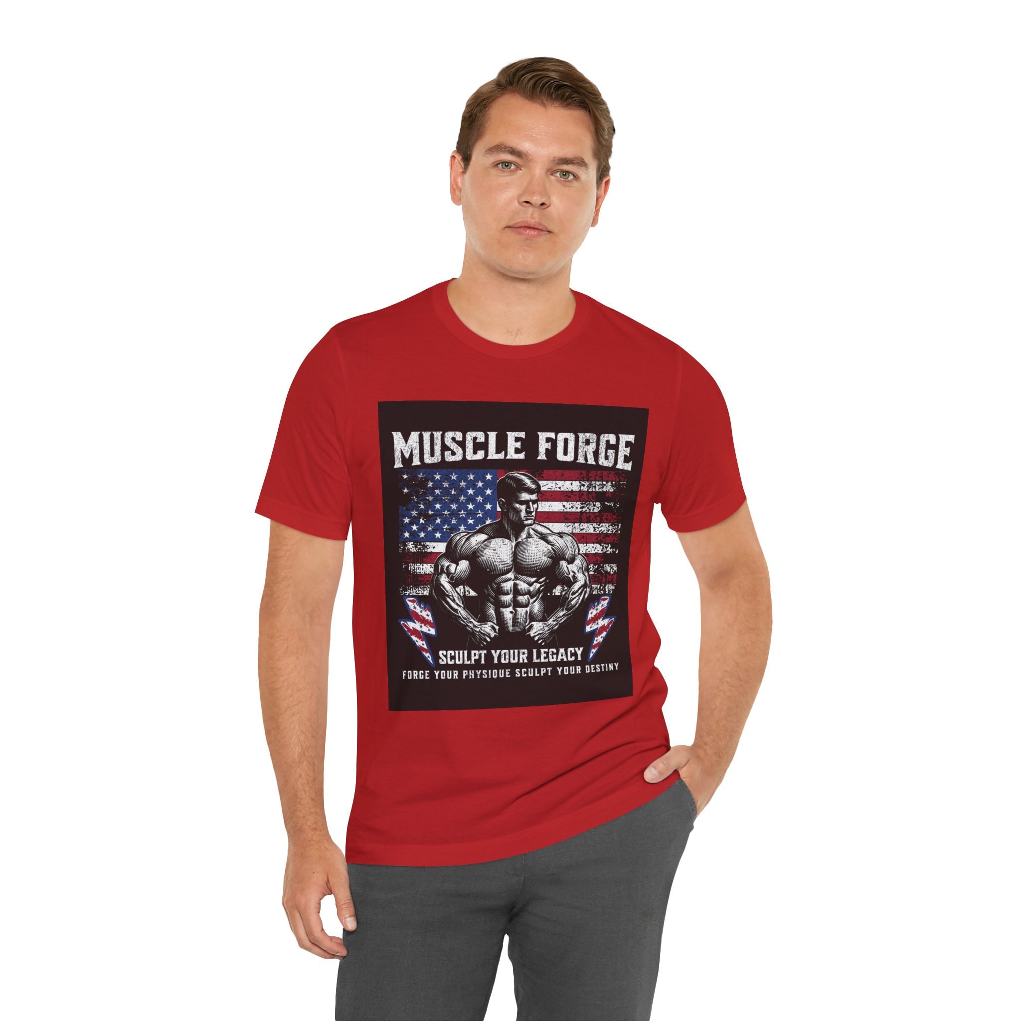 Muscle Forge American Flag Gym Tee — "Sculpt Your Legacy" Fitness T-Shirt
