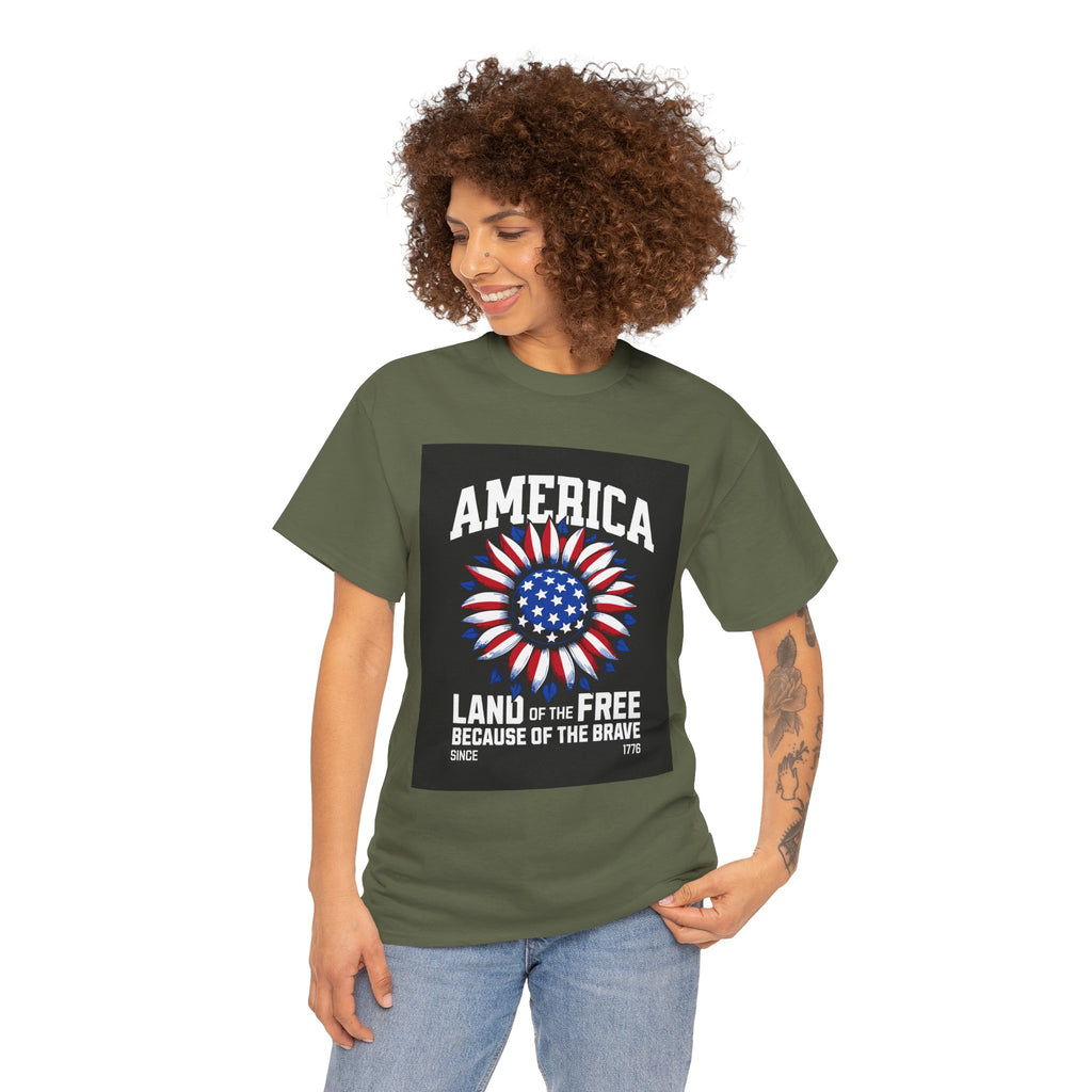 Patriotic America Tee — "Land of the Free Because of the Brave" Cotton T-Shirt