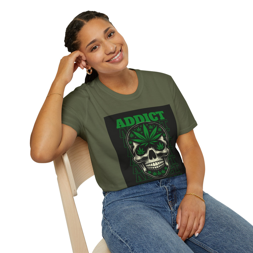T‑Shirt — "Addict" Skull with Cannabis Leaf Graphic