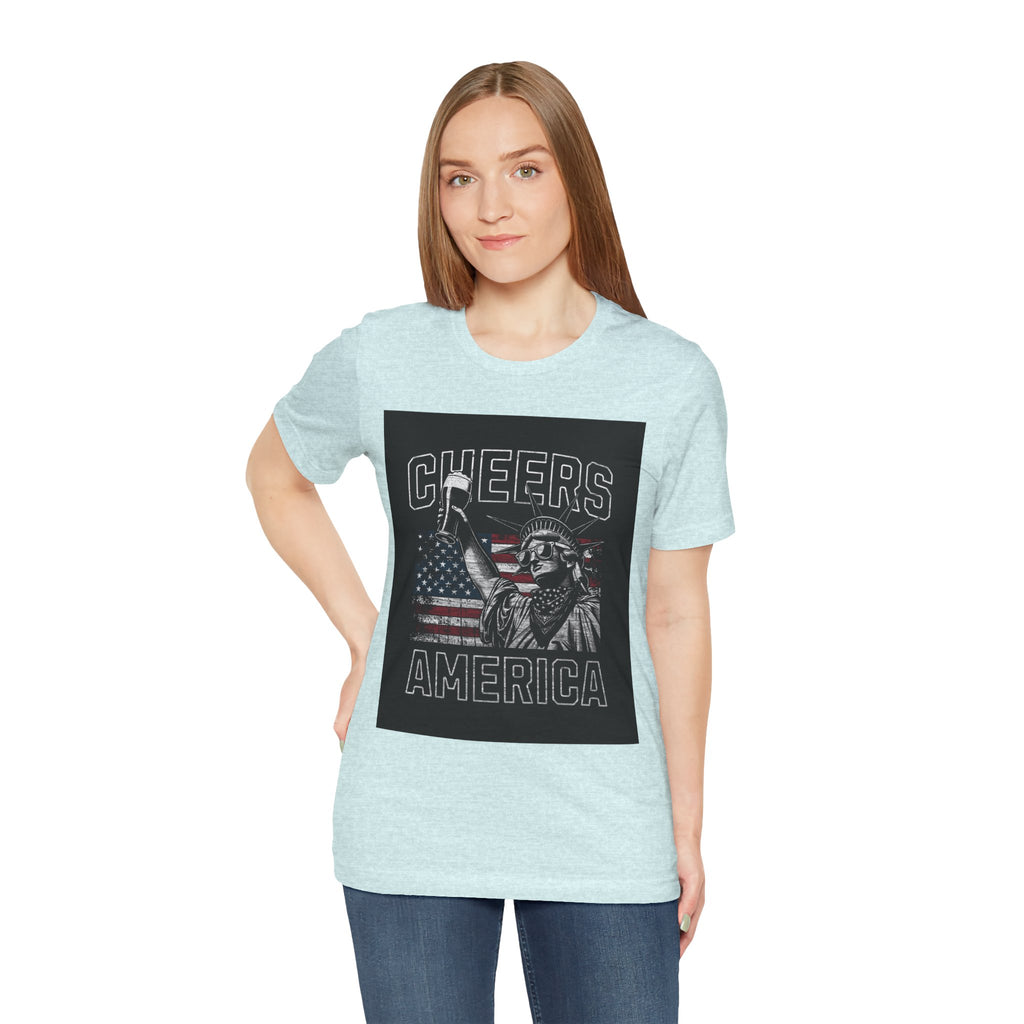 Cheers America T-Shirt — Statue of Liberty Holding Beer & Flag Patriotic Tee