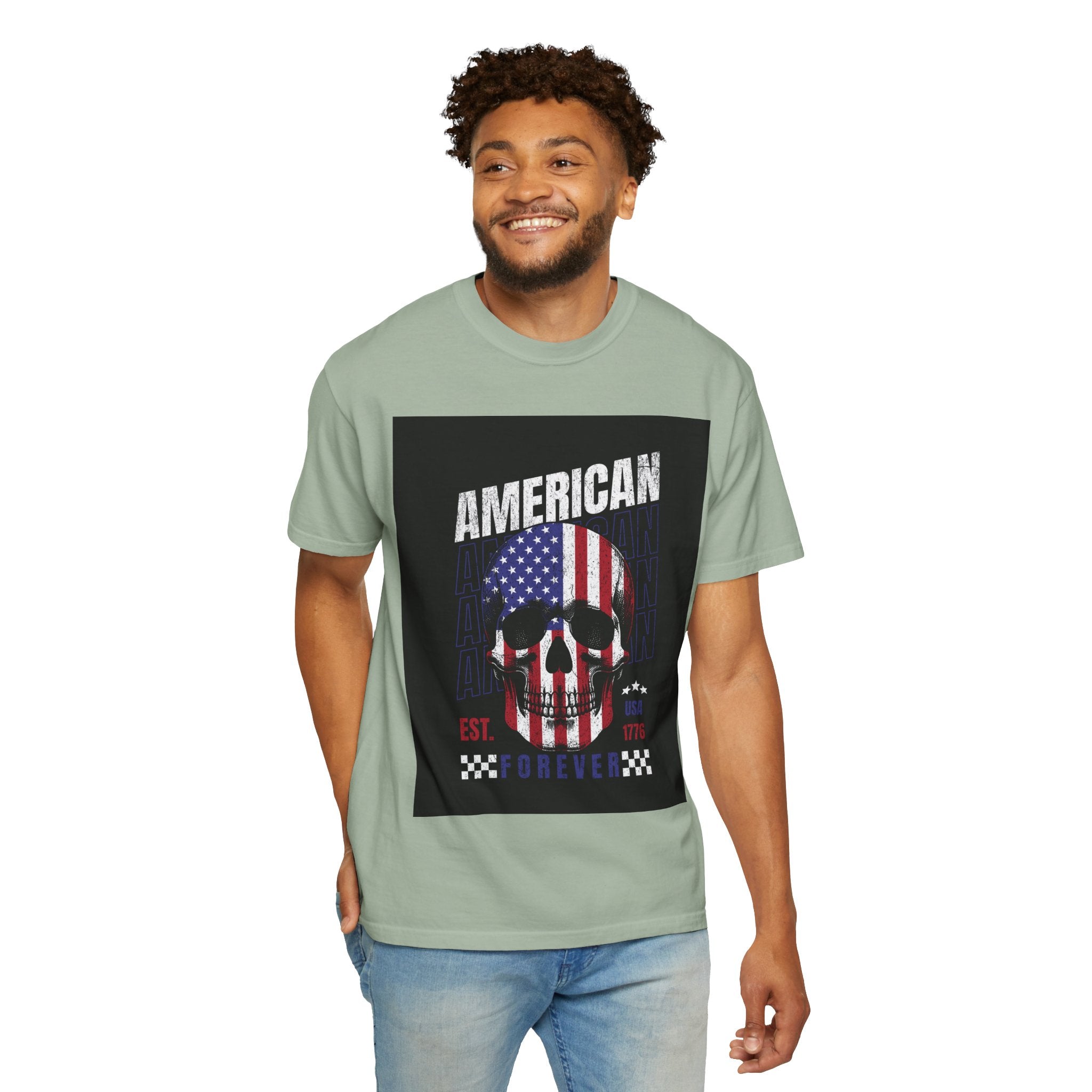 American Skull Flag T-Shirt — "American Forever" Patriotic Graphic Tee