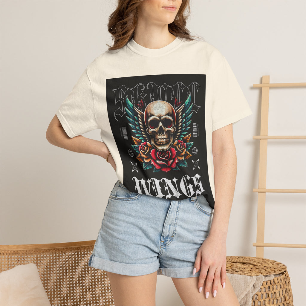 Skull Wings Graphic T-Shirt — Vintage Rock Tattoo Style with Roses