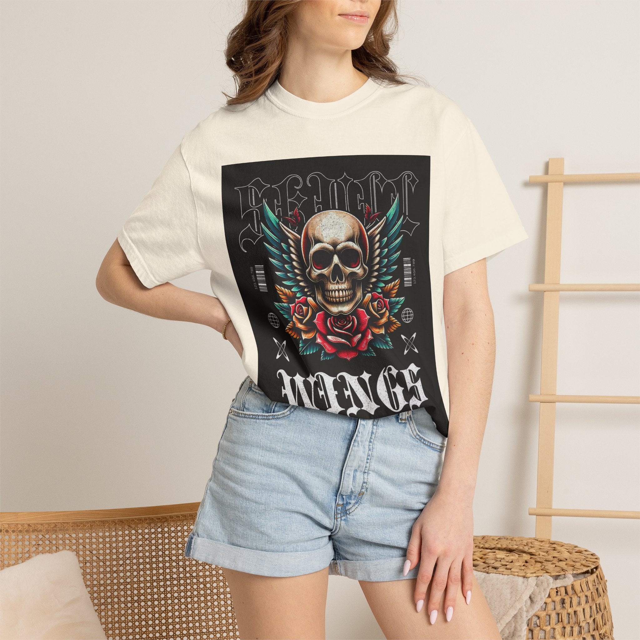 Skull Wings Graphic T-Shirt — Vintage Rock Tattoo Style with Roses