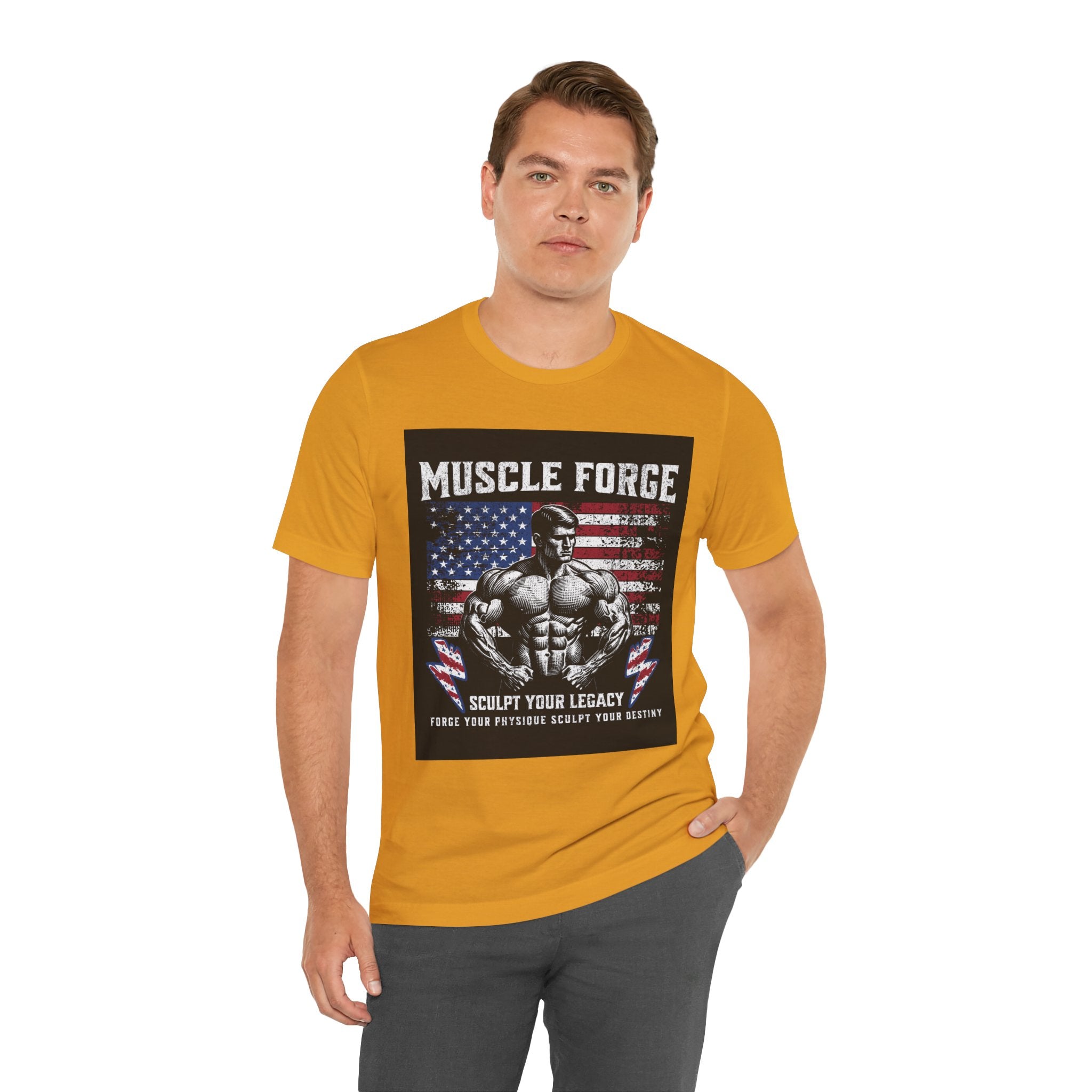 Muscle Forge American Flag Gym Tee — "Sculpt Your Legacy" Fitness T-Shirt