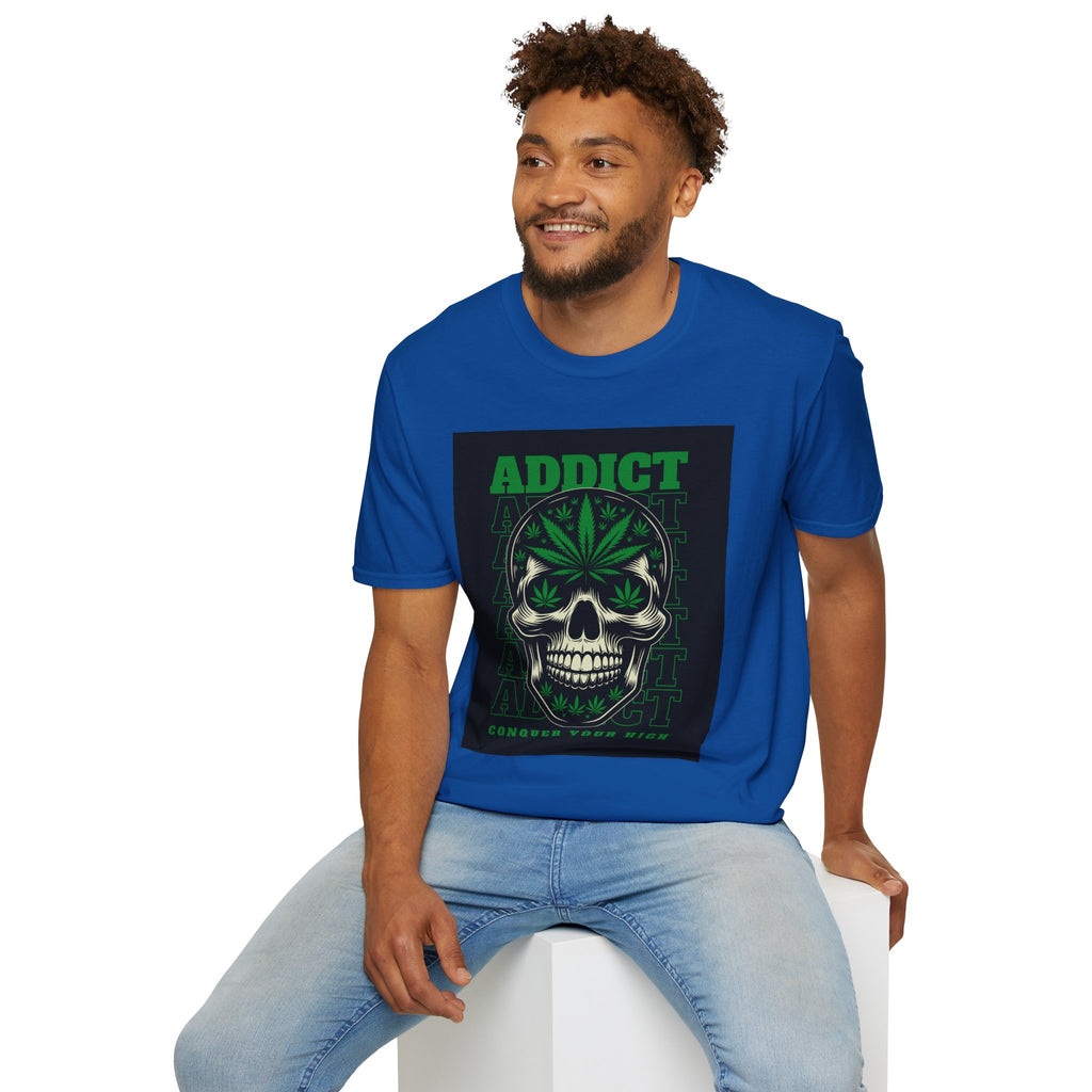 T‑Shirt — "Addict" Skull with Cannabis Leaf Graphic