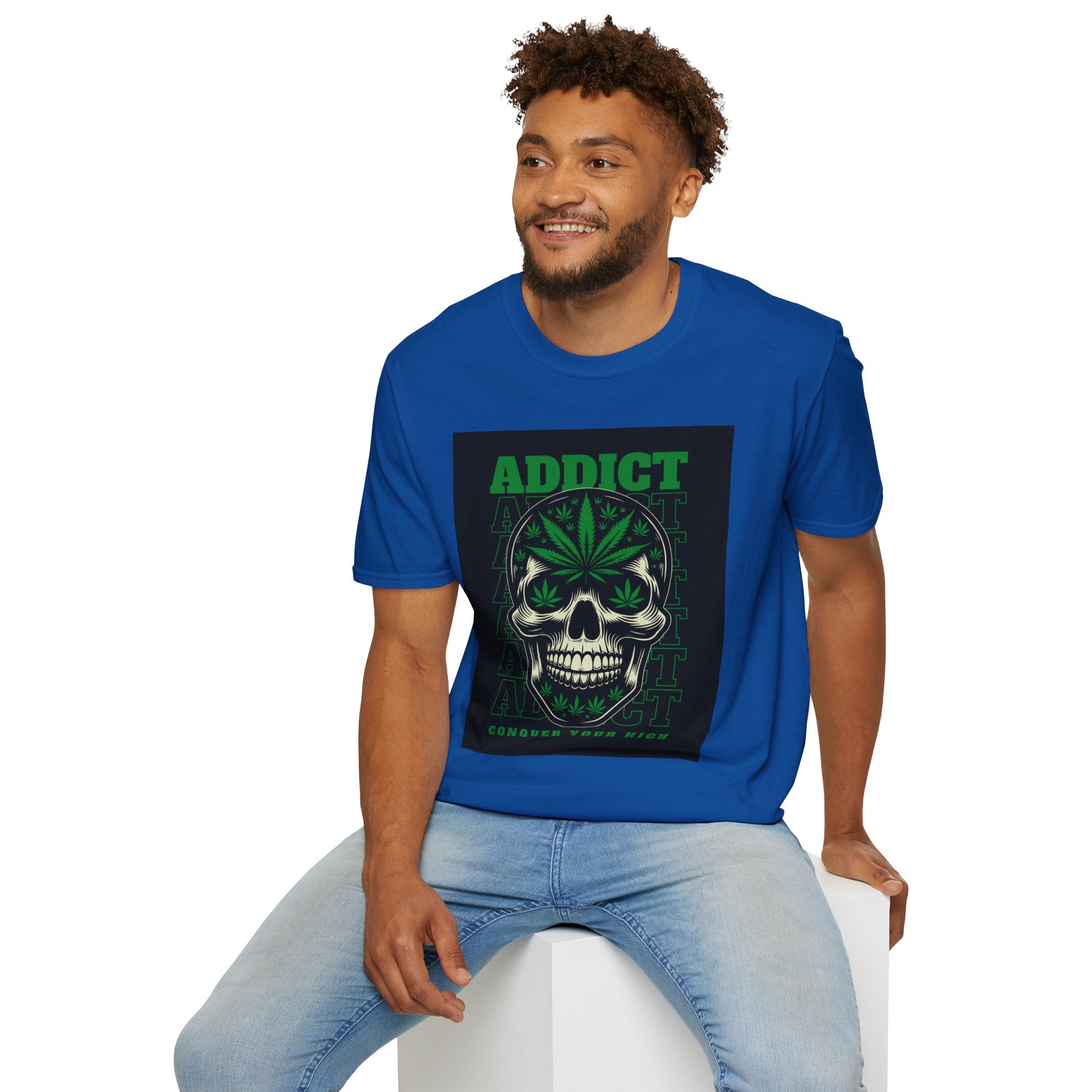 T‑Shirt — "Addict" Skull with Cannabis Leaf Graphic