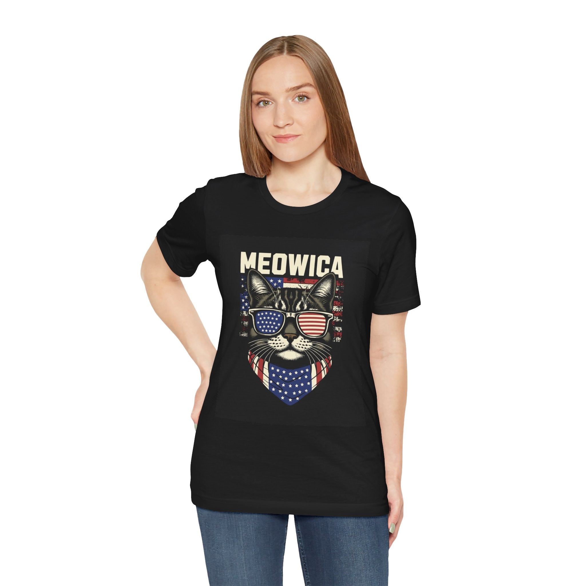 Meowica Cat Tee — Patriotic USA Flag Sunglasses Graphic T-Shirt